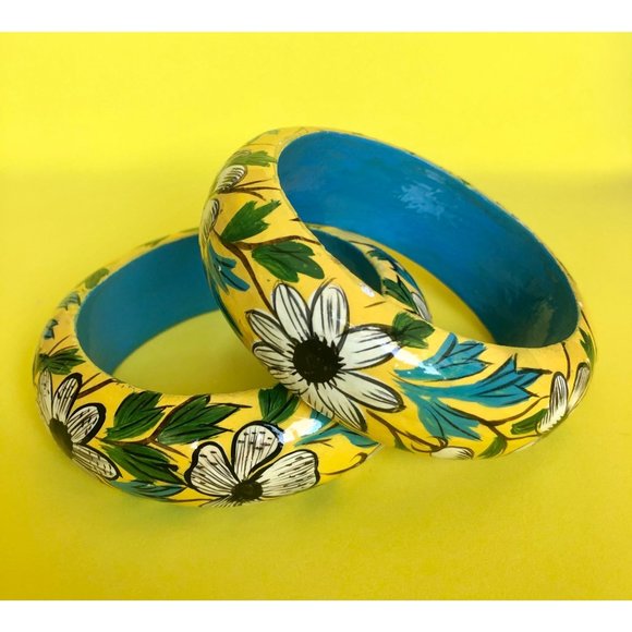 Striking Bright Yellow and Turquoise Blue Vintage Painted Bangles - Picture 1 of 4